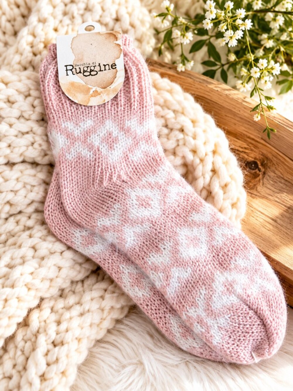 Macchia di Ruggine Pink White Knit Socks One Size